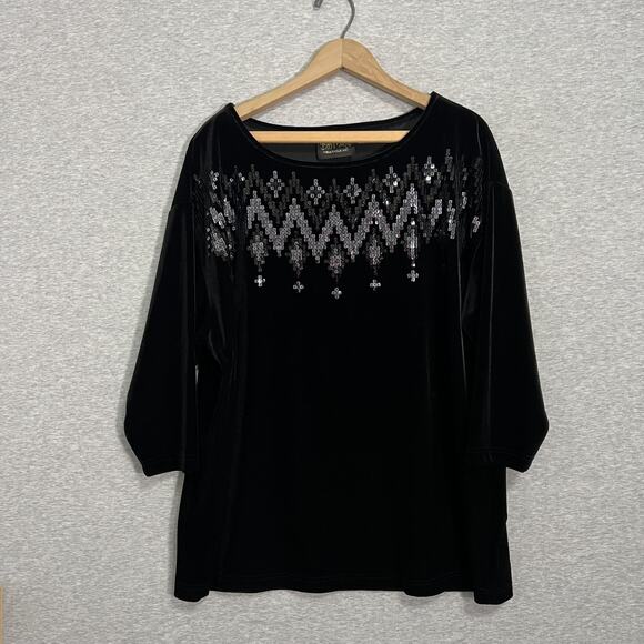 Bob Mackie Tops - Bob Mackie Wearable Art‎ Shirt Womens 1X Black Velvet Sequin Tunic Pullover Top